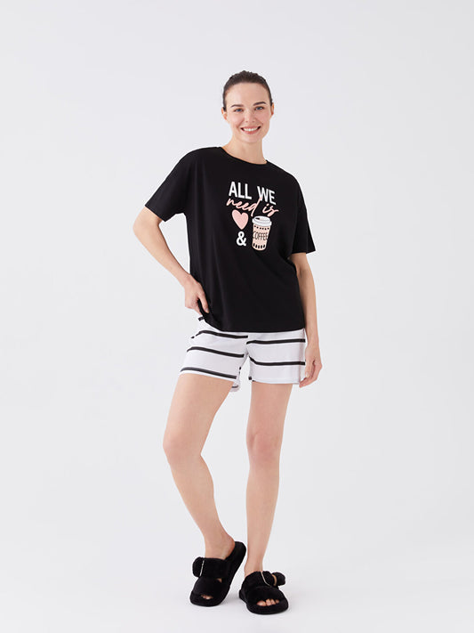 Crew Neck Printed Short Sleeve Women's Pajama Set with Shorts