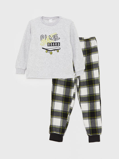 Crew Neck Embroidered Long Sleeve Fleece Boys' Pajama Set