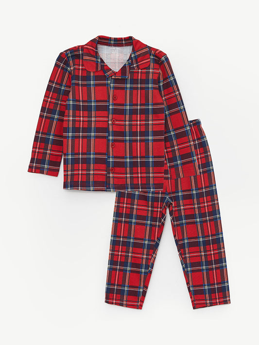 Polo Neck Long Sleeve Plaid Patterned Baby Boy Pajama Set