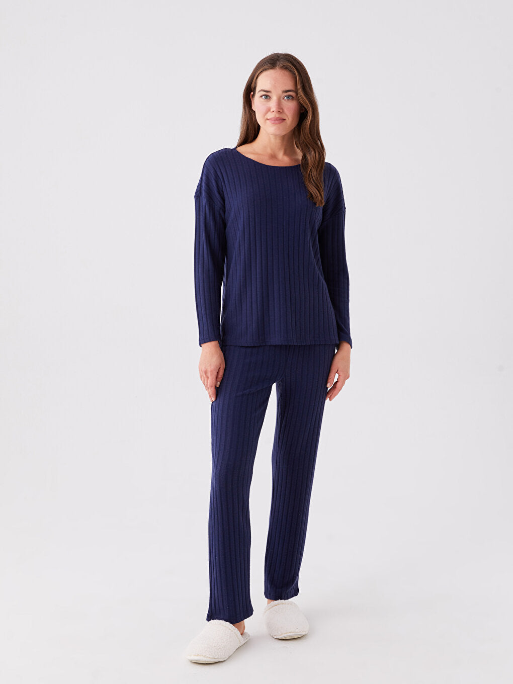 Crew Neck Plain Long Sleeve Women's Pajama Set