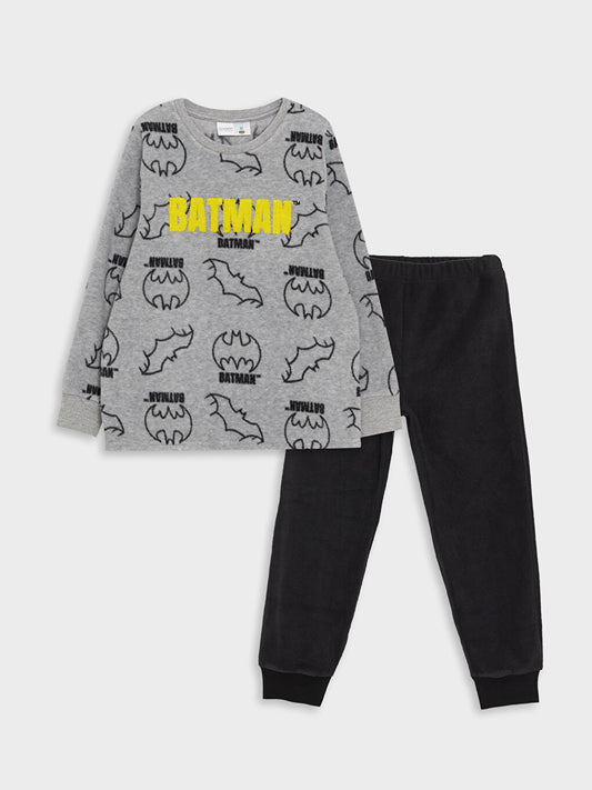 Crew Neck Batman Printed Long Sleeve Fleece Boys' Pajama Set