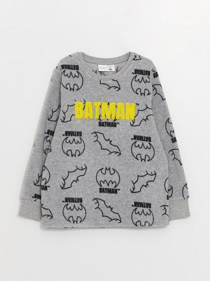 Crew Neck Batman Printed Long Sleeve Fleece Boys' Pajama Set