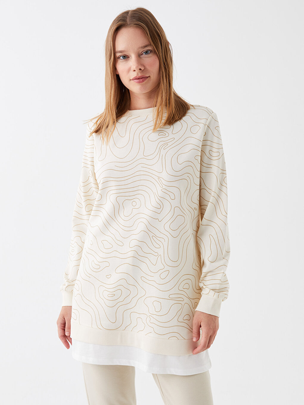 Crew Neck Patterned Long Sleeve Oversize Women's Sweatshirt Tunic