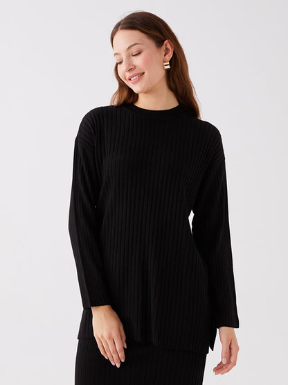 Crew Neck Self-Patterned Long Sleeve Women's Knitwear Tunic