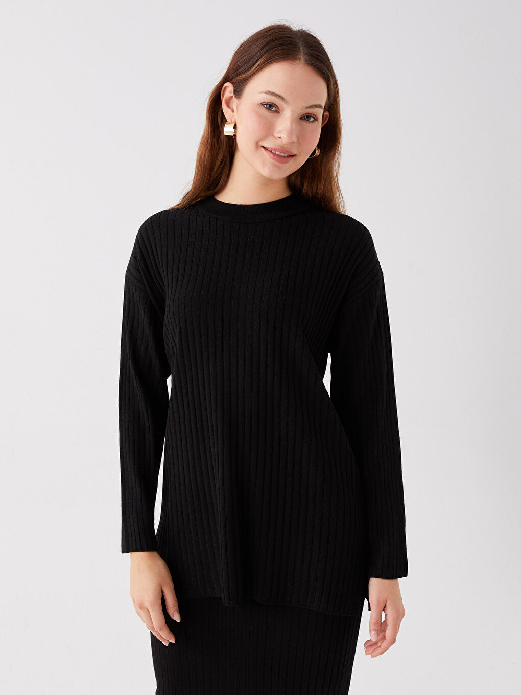 Crew Neck Self-Patterned Long Sleeve Women's Knitwear Tunic