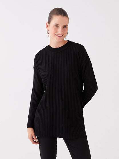 Crew Neck Self-Patterned Long Sleeve Women's Knitwear Tunic