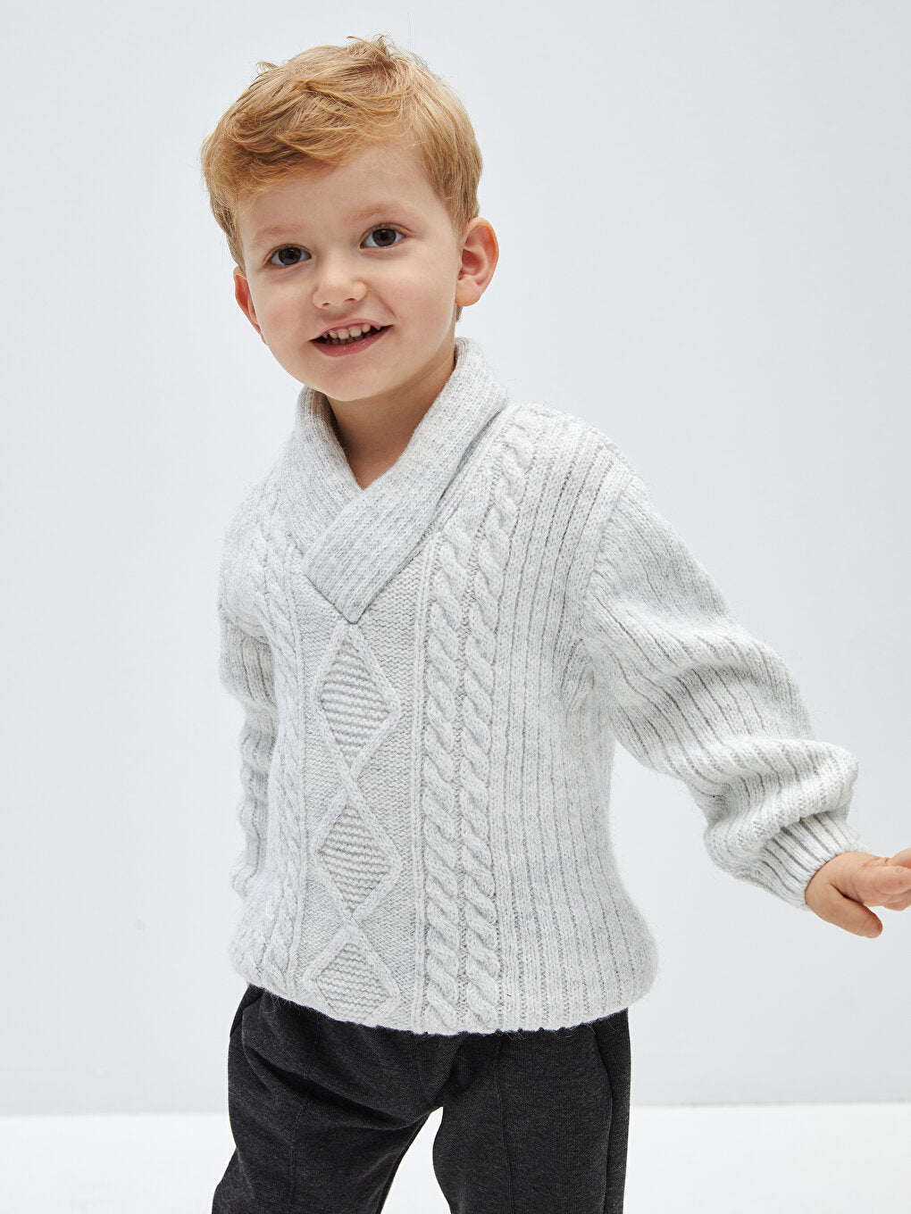 Shawl Collar Braided Self-Patterned Baby Boy Knitwear Sweater