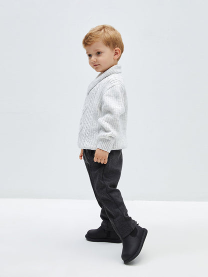 Shawl Collar Braided Self-Patterned Baby Boy Knitwear Sweater