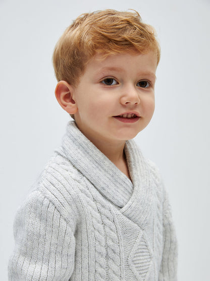 Shawl Collar Braided Self-Patterned Baby Boy Knitwear Sweater