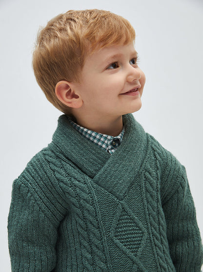 Shawl Collar Braided Self-Patterned Baby Boy Knitwear Sweater