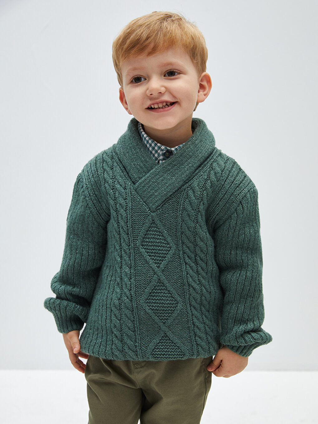 Shawl Collar Braided Self-Patterned Baby Boy Knitwear Sweater