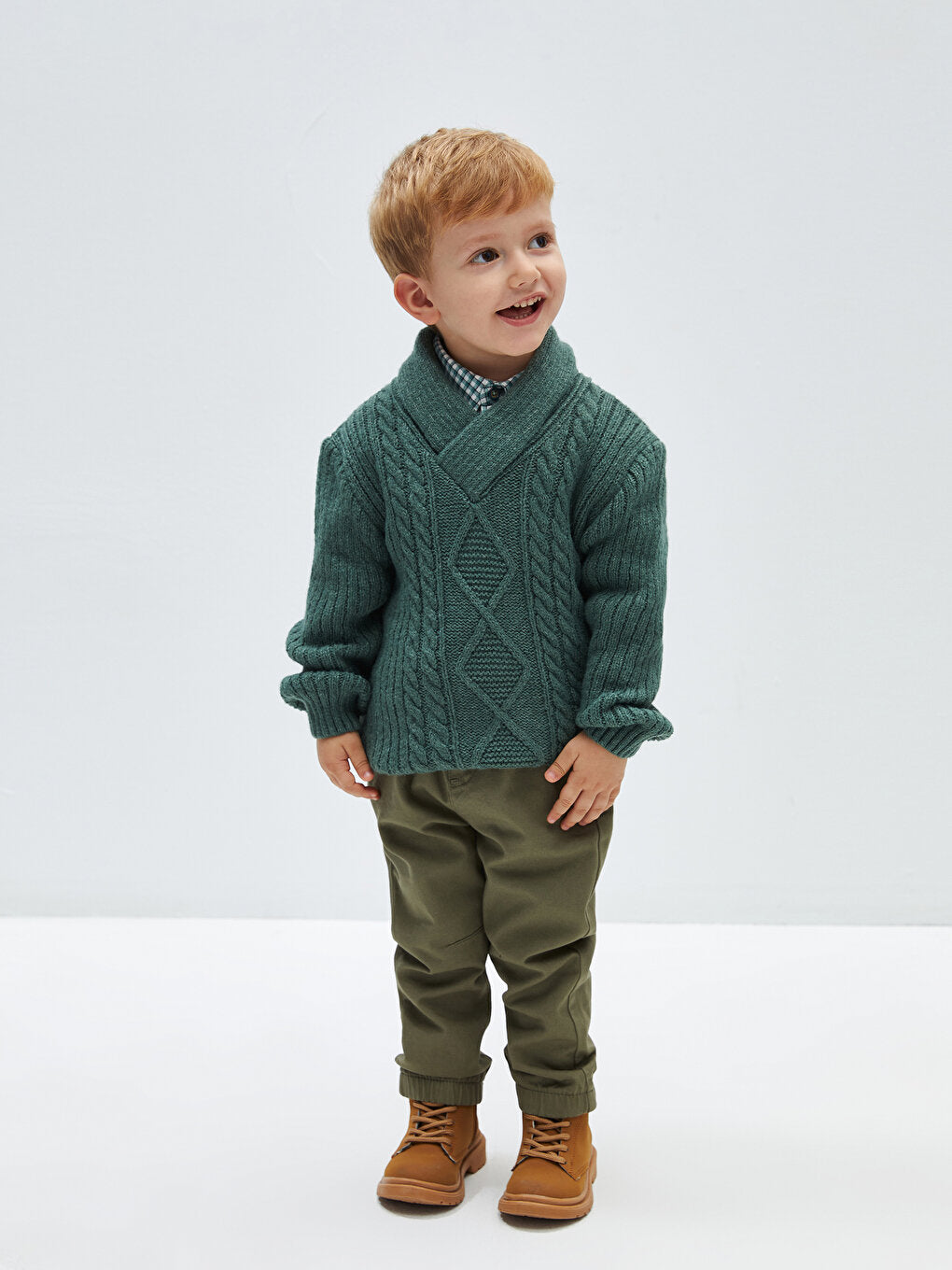 Shawl Collar Braided Self-Patterned Baby Boy Knitwear Sweater