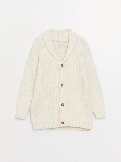 Shawl Collar Braided Self-Patterned Boy's Knitwear Cardigan