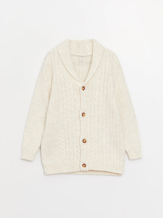 Shawl Collar Braided Self-Patterned Boy's Knitwear Cardigan