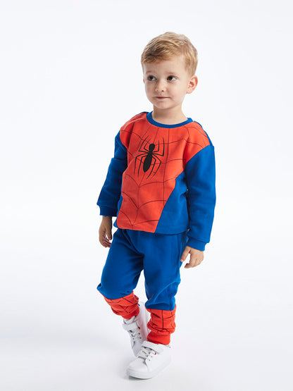 Crew Neck Long Sleeve Spiderman Printed Baby Boy Sweatshirt and Trousers 2-Piece Set