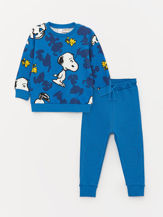 Crew Neck Long Sleeve Snoopy Printed Baby Boy Sweatshirt and Tracksuit Bottom 2-Piece Set