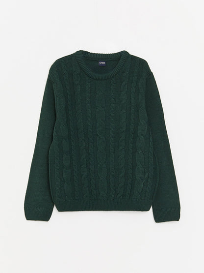 Crew Neck Braid Patterned Long Sleeve Boy's Knitwear Sweater