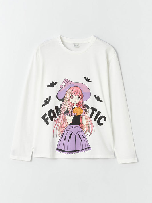 Crew Neck Printed Long Sleeve Girls' T-Shirt