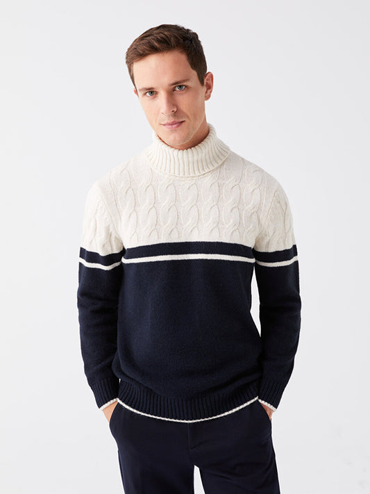 Turtleneck Long Sleeve Color Block Men's Knitwear Sweater