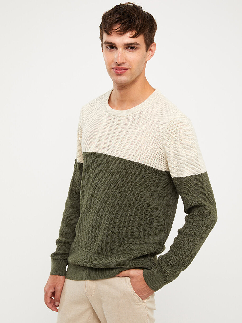 Crew Neck Long Sleeve Color Block Men's Knitwear Sweater