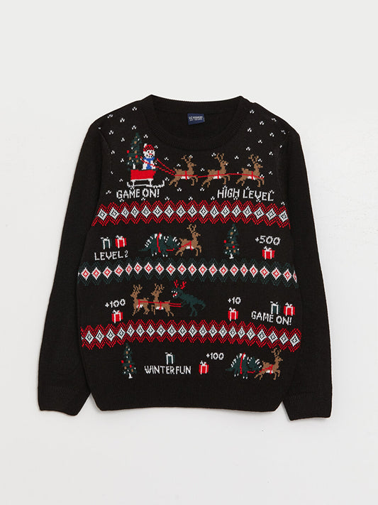 Crew Neck New Year Themed Long Sleeve Boy's Knitwear Sweater