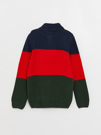 High Collar Color Blocked Long Sleeve Boy's Knitwear Sweater