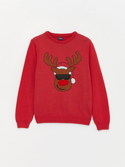 Crew Neck New Year Themed Long Sleeve Boy's Knitwear Sweater