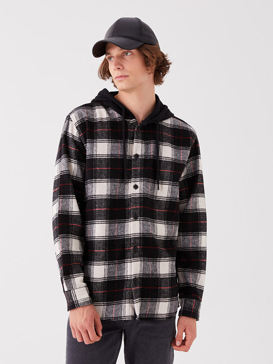 Hooded Regular Fit Long Sleeve Plaid Men's Shirt Jacket