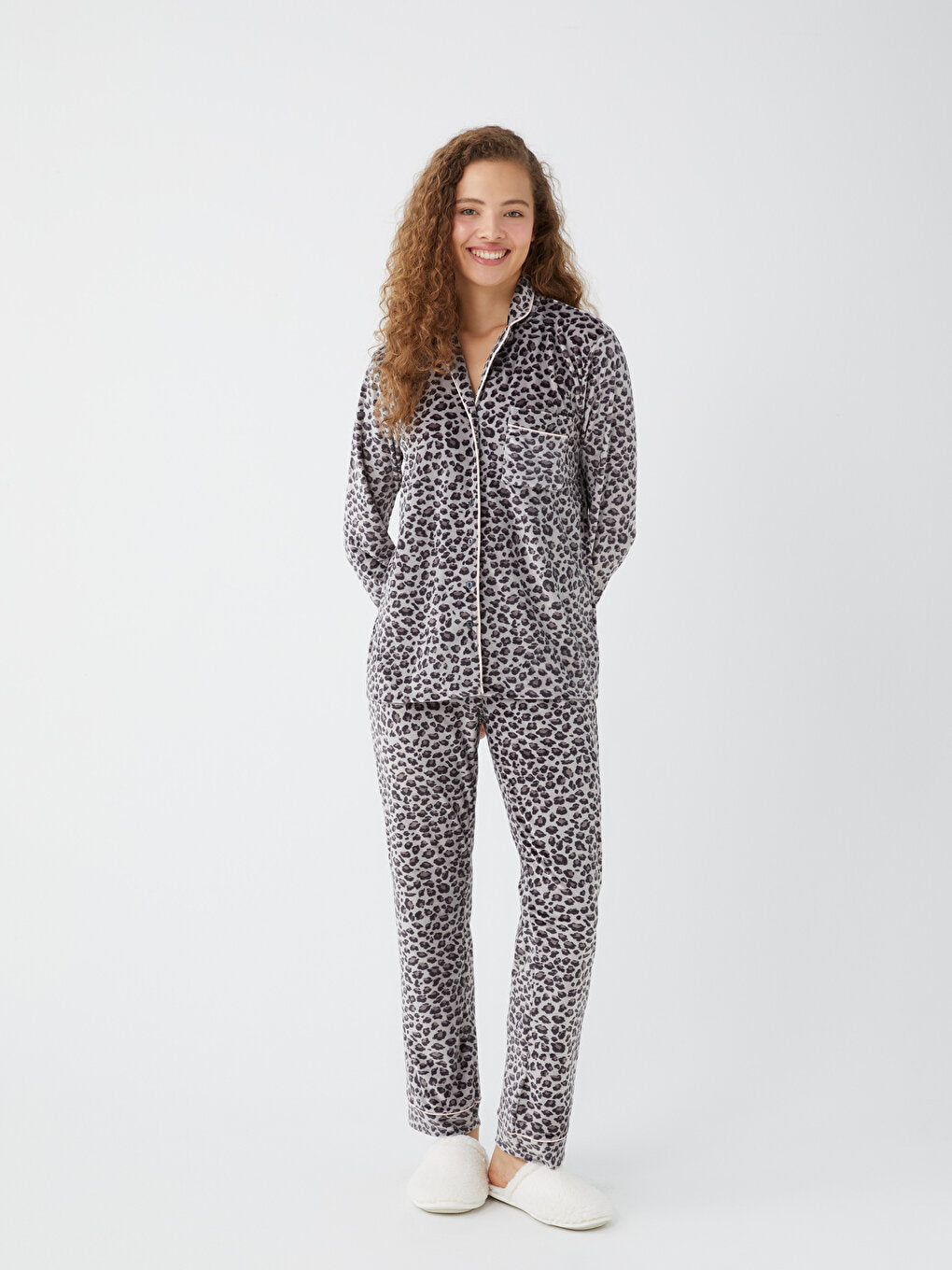 Shirt Collar Patterned Long Sleeve Women's Pajama Set