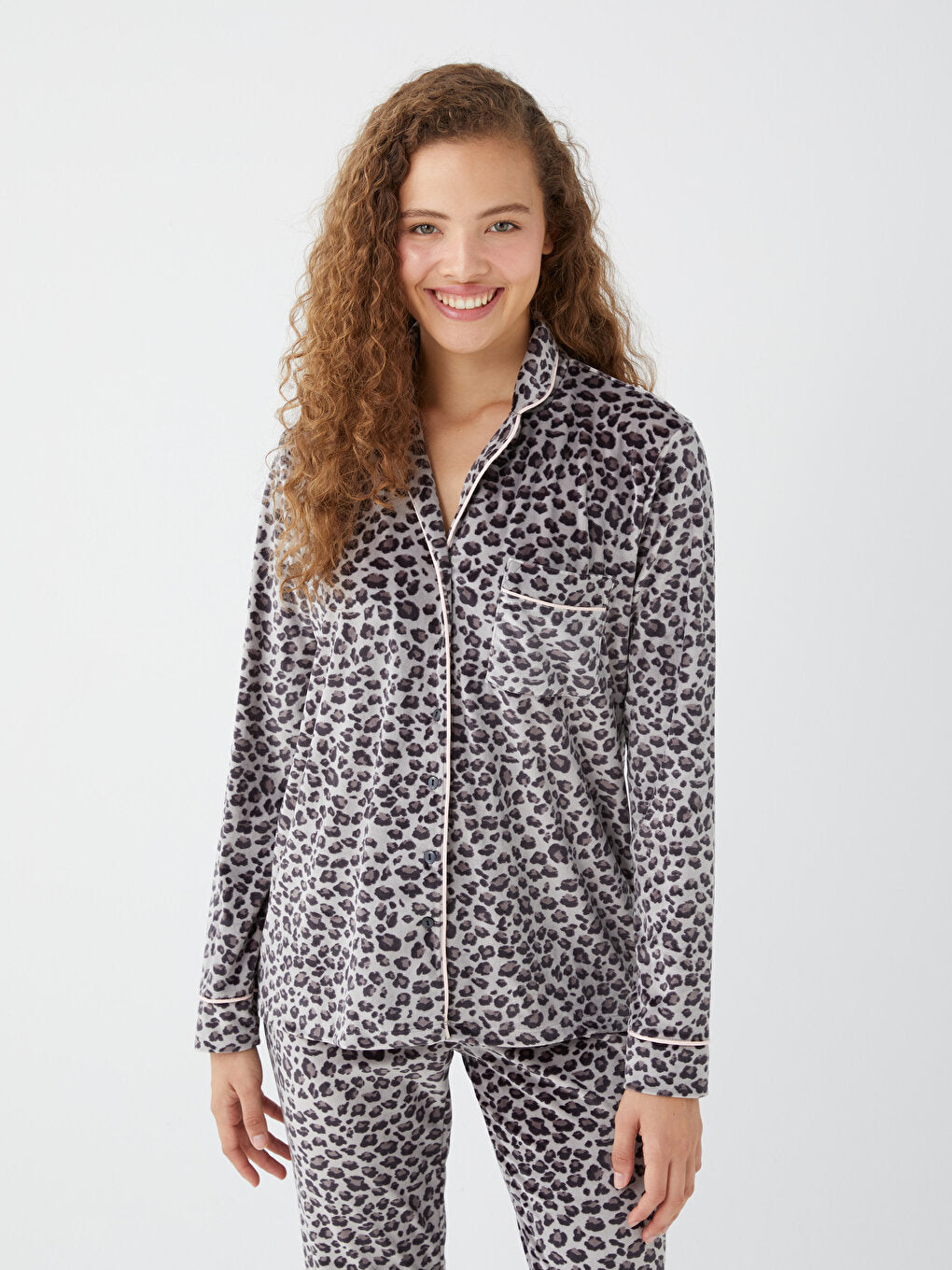 Shirt Collar Patterned Long Sleeve Women's Pajama Set