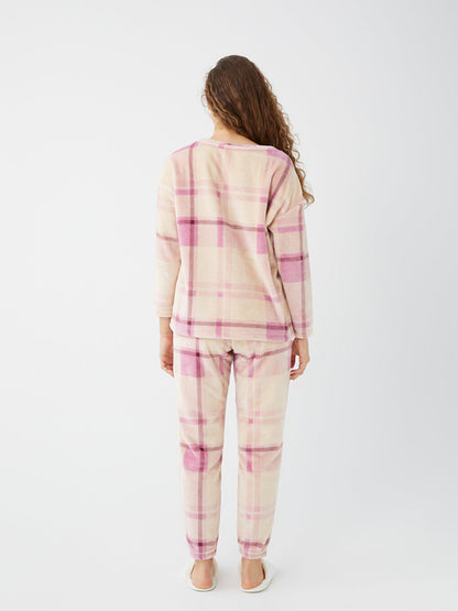 Crew Neck Plaid Long Sleeve Women's Pajama Set