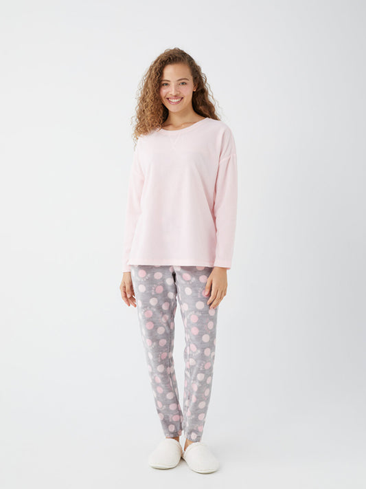 Crew Neck Patterned Long Sleeve Fleece Women's Pajama Set