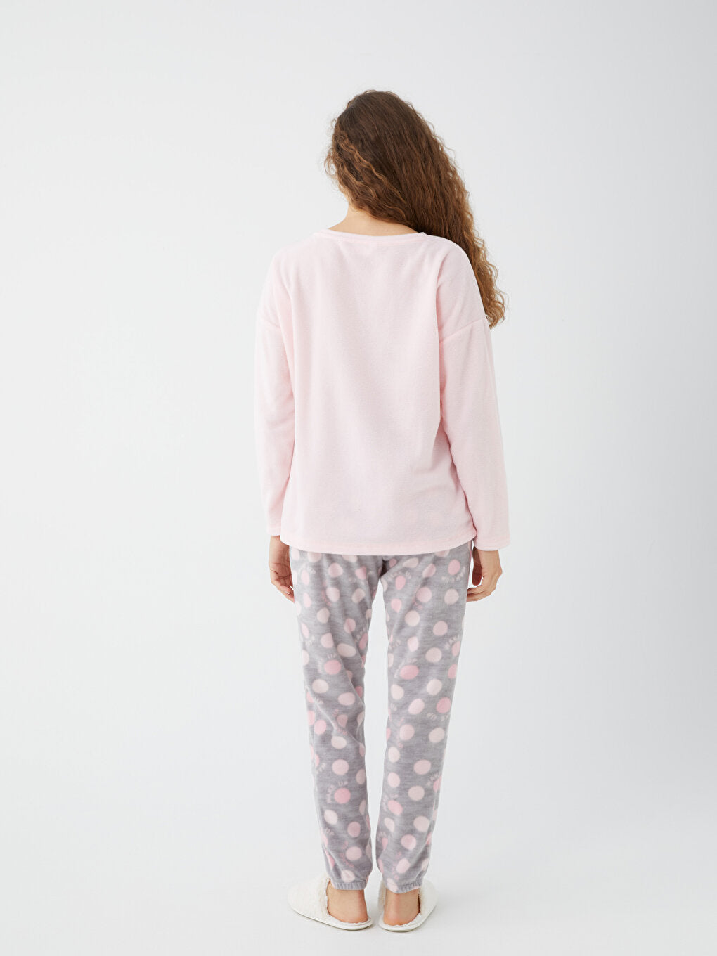 Crew Neck Patterned Long Sleeve Fleece Women's Pajama Set