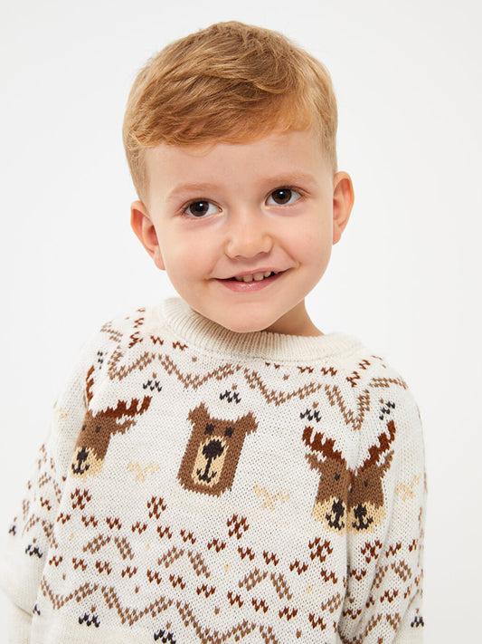 Crew Neck Long Sleeve Patterned Baby Boy Knitwear Sweater