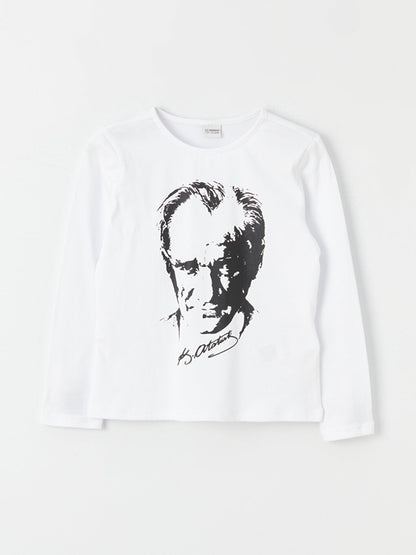 Crew Neck Ataturk Printed Long Sleeve Girls' T-Shirt