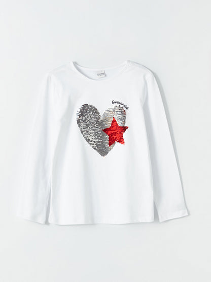 Crew Neck Reversible Sequined Long Sleeve Girl's T-Shirt