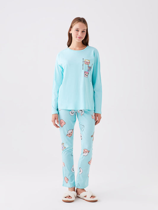 Crew Neck Printed Long Sleeve Women's Pajama Set