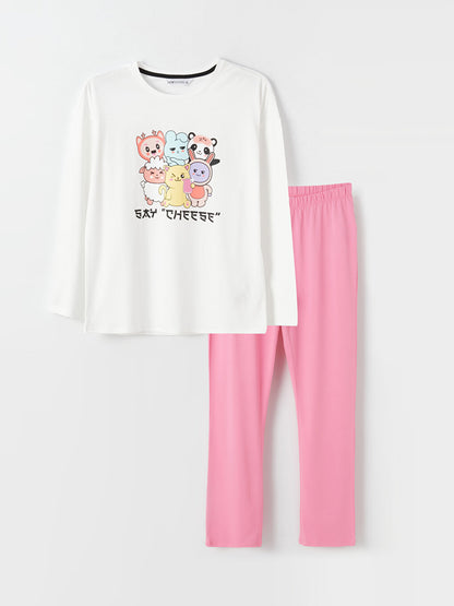 Crew Neck Printed Long Sleeve Women's Pajama Set