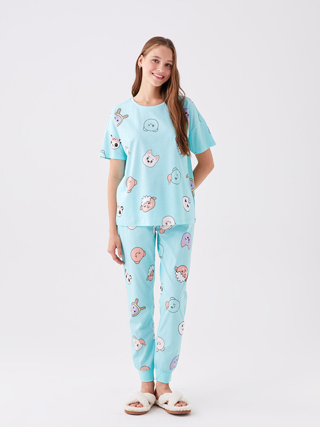 Crew Neck Patterned Short Sleeve Women's Pajama Set