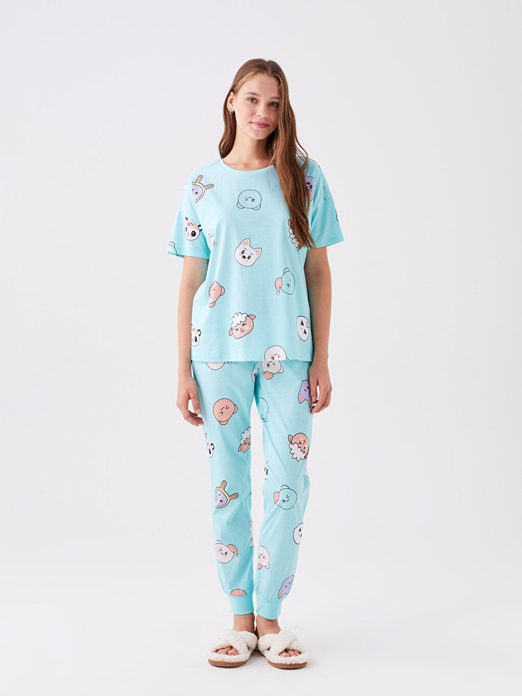 Crew Neck Patterned Short Sleeve Women's Pajama Set