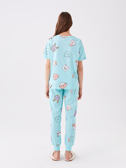 Crew Neck Patterned Short Sleeve Women's Pajama Set