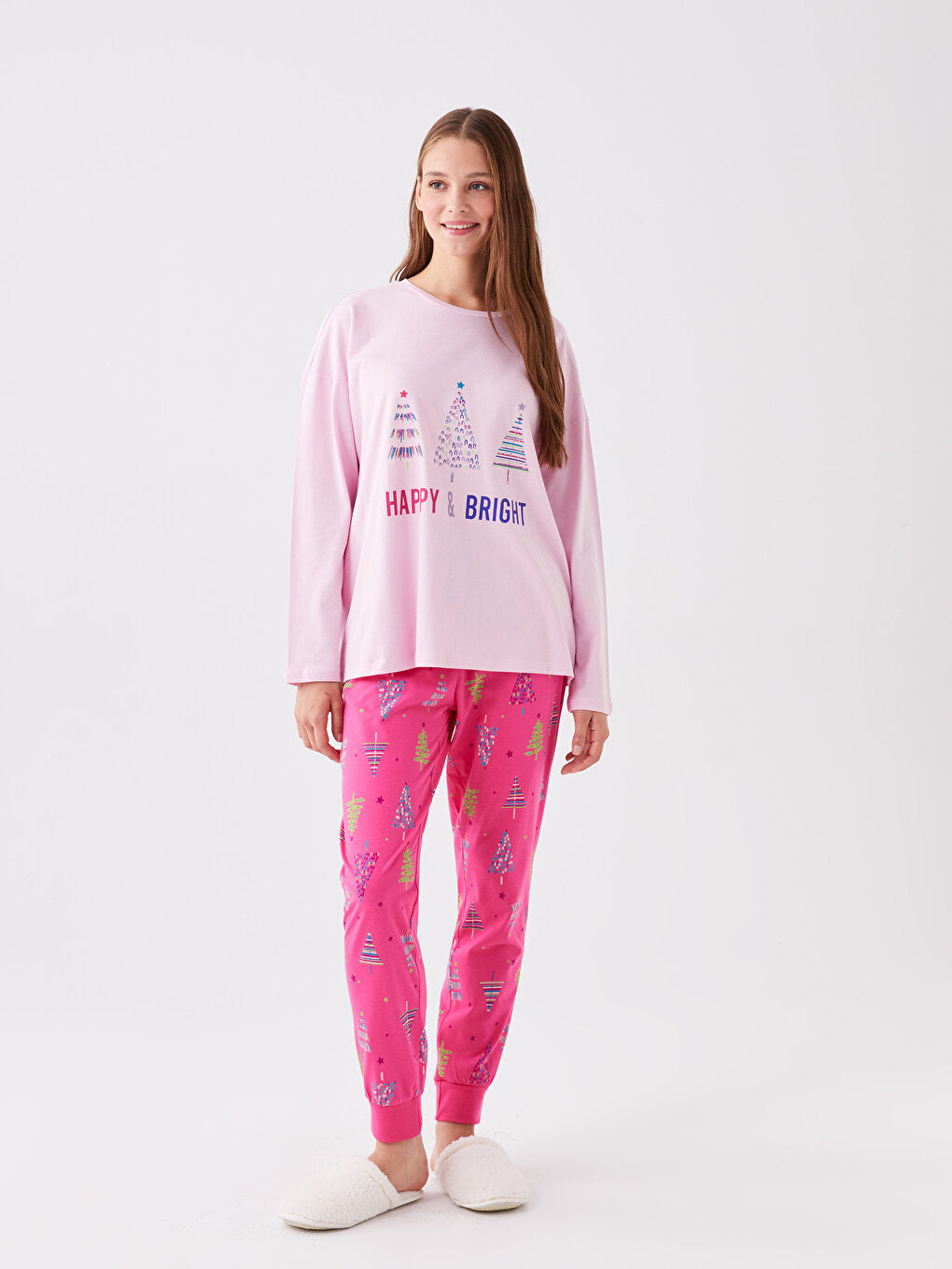 Crew Neck Printed Long Sleeve Women's Pajama Set