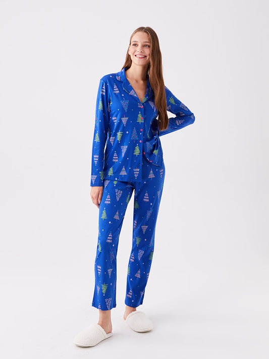 Shirt Collar Printed Long Sleeve Women's Pajama Set