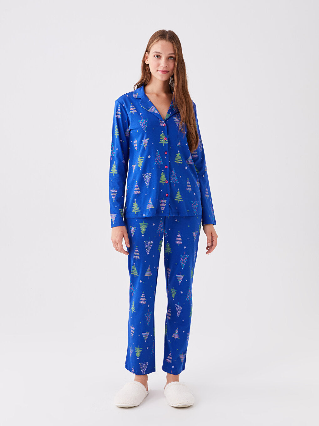 Shirt Collar Printed Long Sleeve Women's Pajama Set