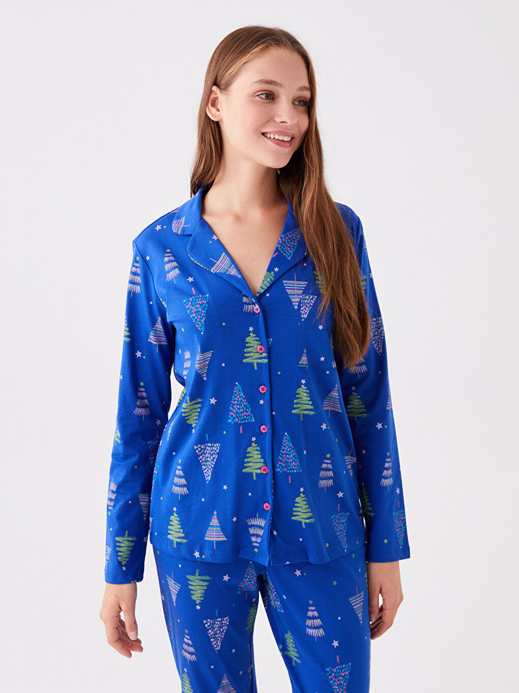 Shirt Collar Printed Long Sleeve Women's Pajama Set