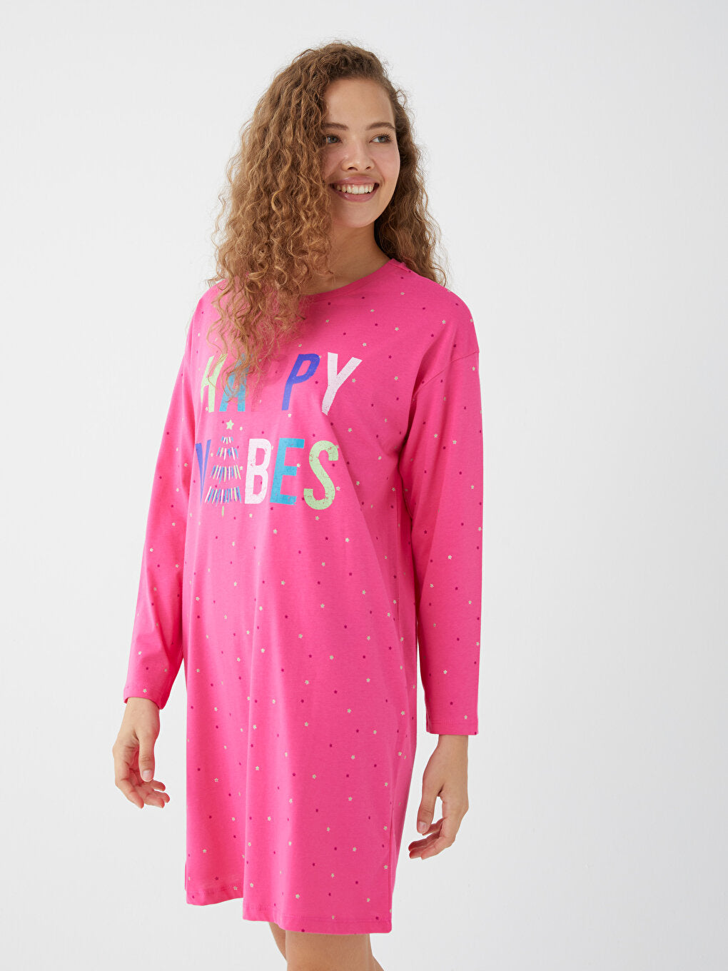 Crew Neck Printed Long Sleeve Women's Nightgown