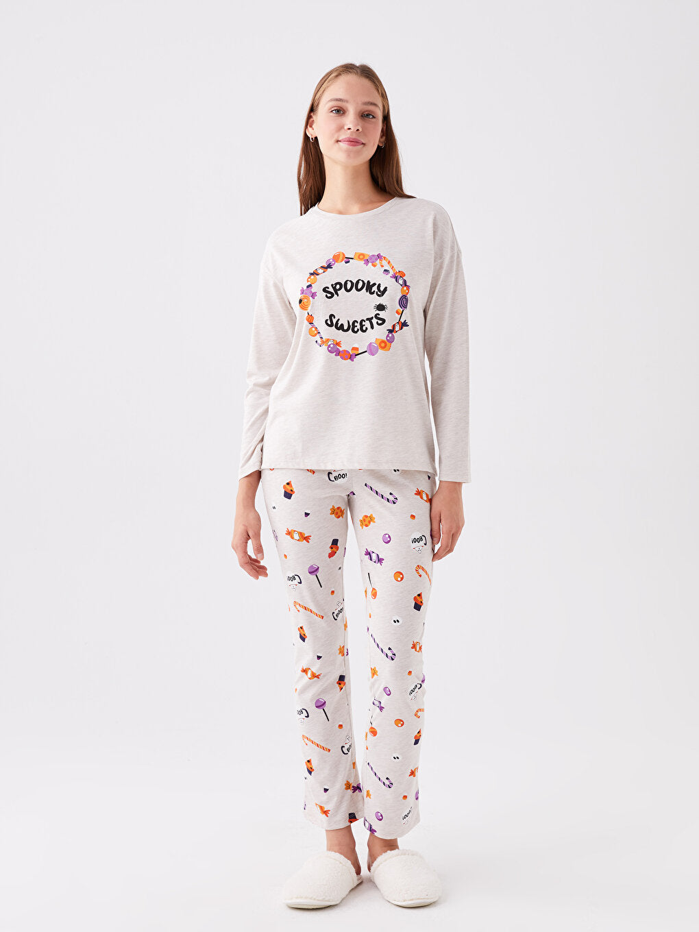 Crew Neck Printed Long Sleeve Women's Pajama Set