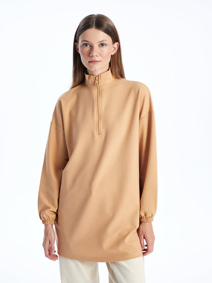 High Collar Plain Long Sleeve Oversize Women's Sweatshirt Tunic