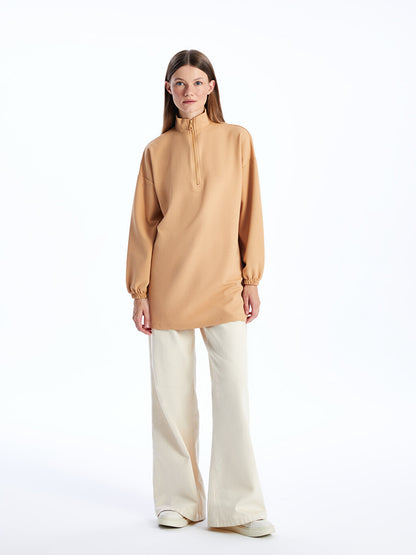 High Collar Plain Long Sleeve Oversize Women's Sweatshirt Tunic