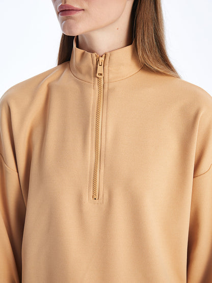 High Collar Plain Long Sleeve Oversize Women's Sweatshirt Tunic